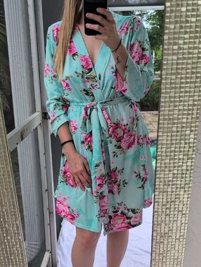 Floral Satin Robe - Mint Green with Pink Rose Print